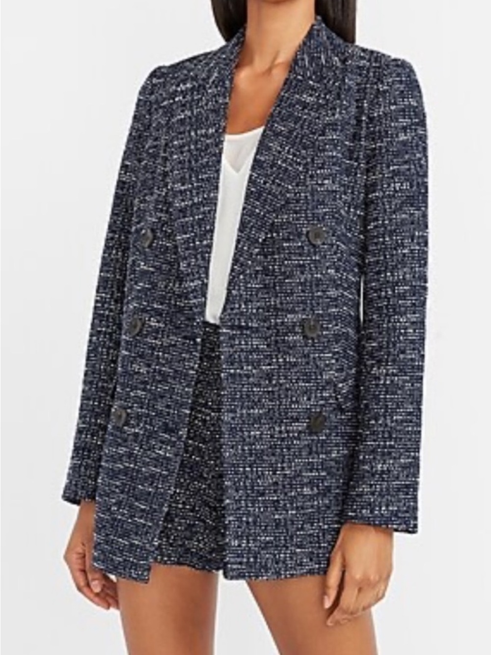 Express Double-Breasted Navy Tweed Blazer Jacket